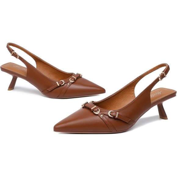 Mostrin Kitten Heel  Brown(03) Faux Leather Low Slingback Heel with Buckle - Picture 9 of 9